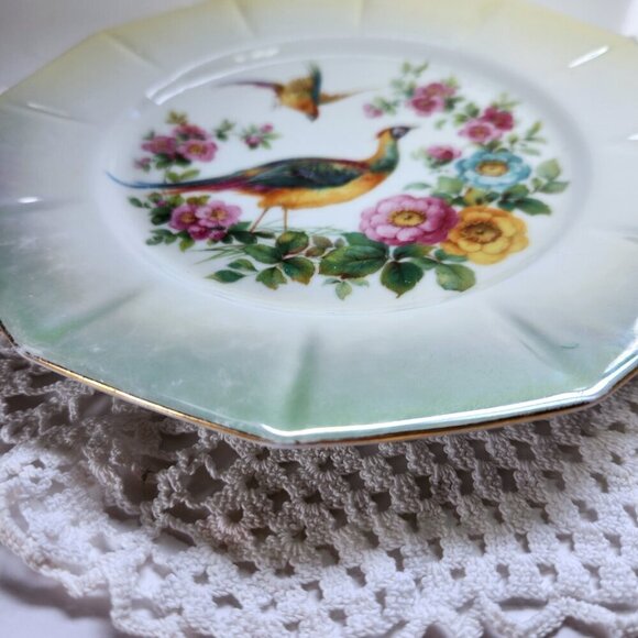 Bird of Paradise Pheasant Plate Made in Germany 7.5" Diameter 12 Sided Floral - Picture 3 of 7